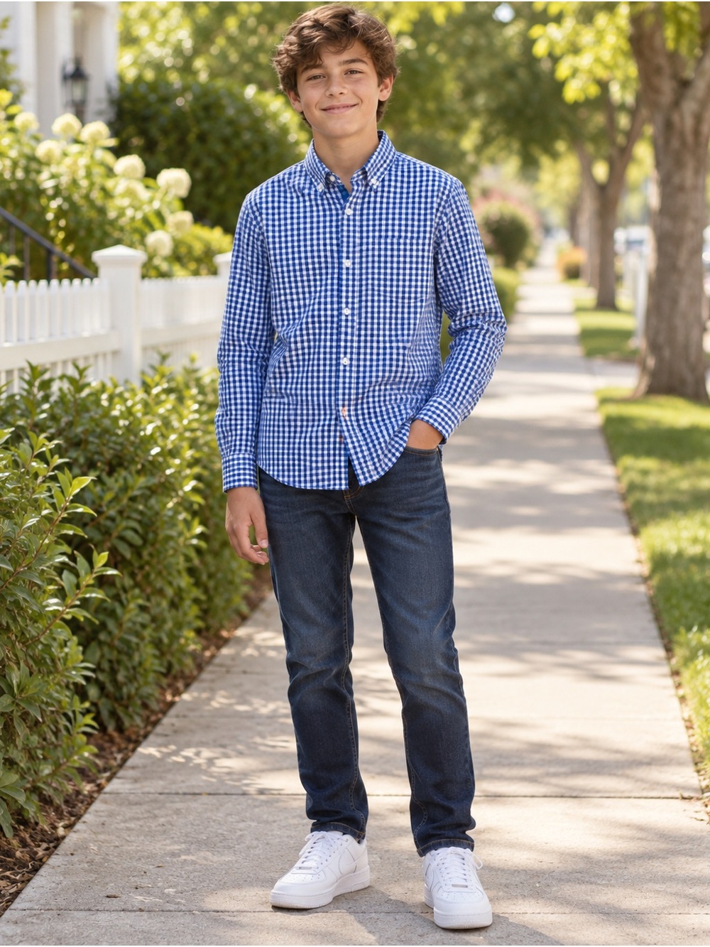 J. Crew Crewcuts Boys Blue & White Gingham Button-Down Shirt – Size 14